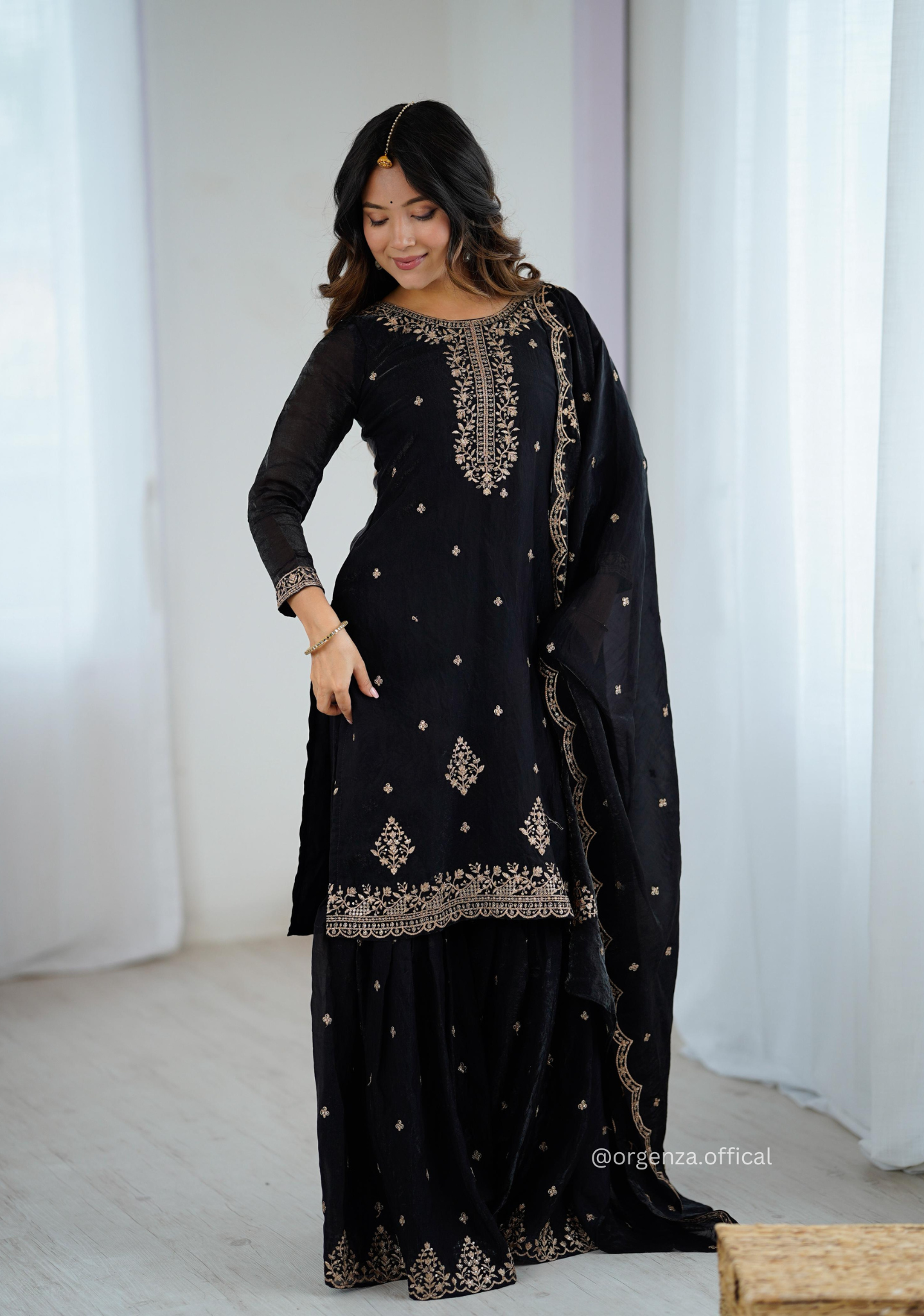 Black Colour Crunchy Silk Fabric Kediya Kurta With Dupatta Set