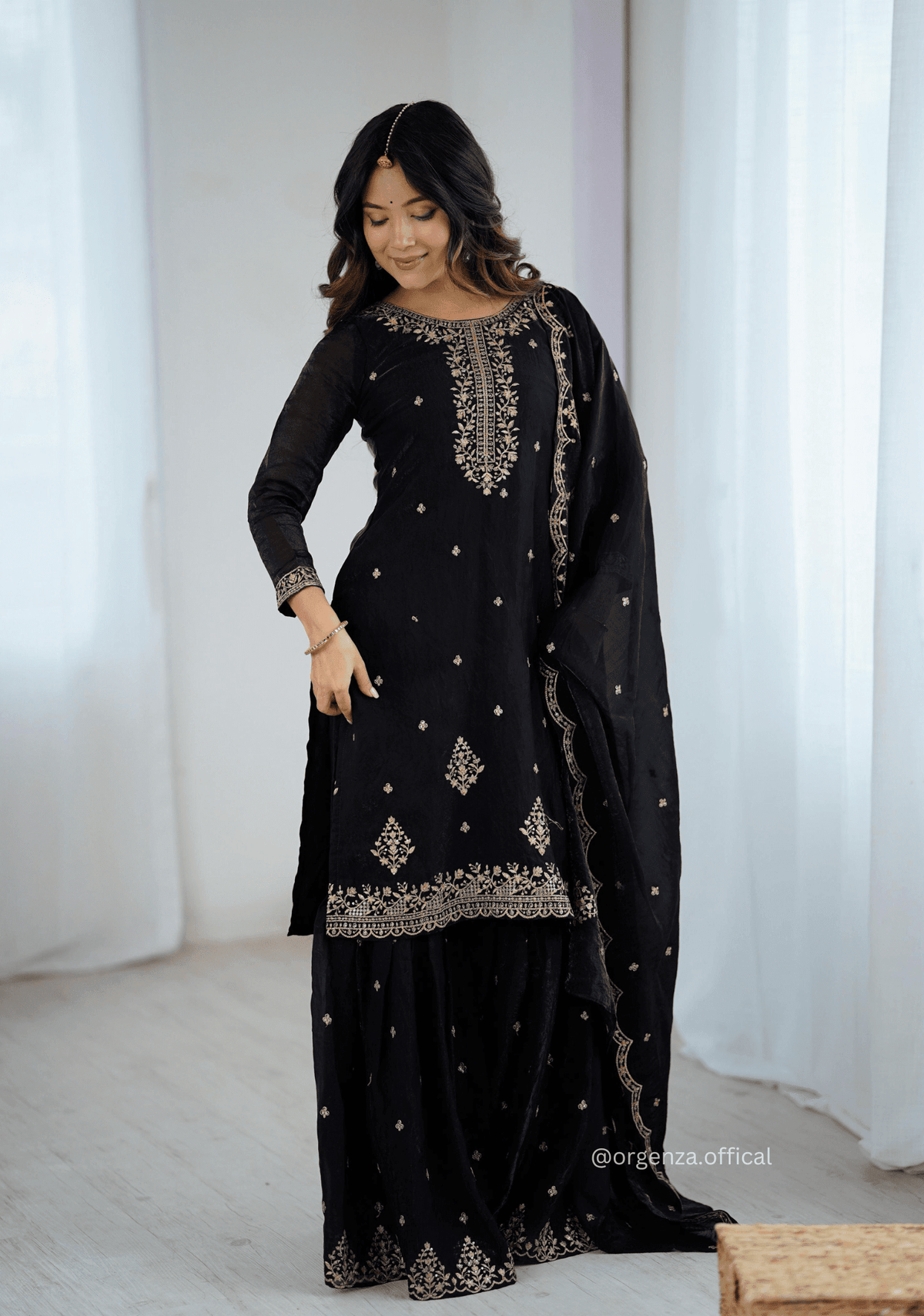 Black Colour Crunchy Silk Fabric Kediya Kurta With Dupatta Set - Orgenza Store - digisoch