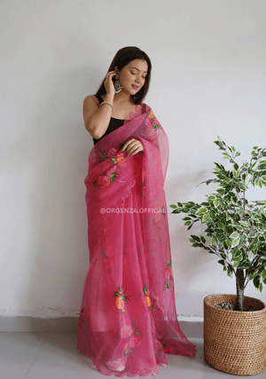 Peach Hand Print Organza Saree - Orgenza Store - digisoch