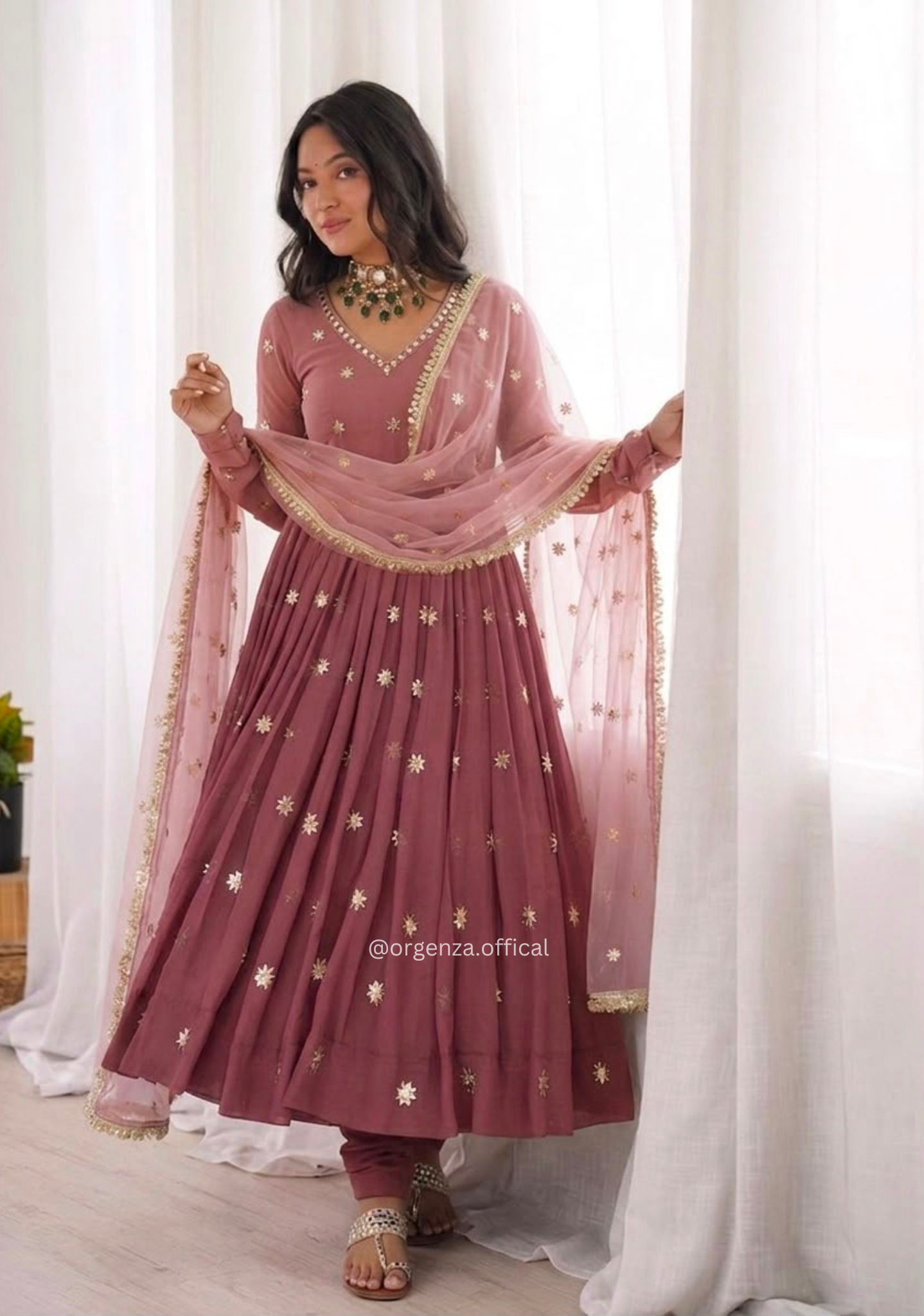 Onion Pink Faux Georgette Embroidered Gown Set
