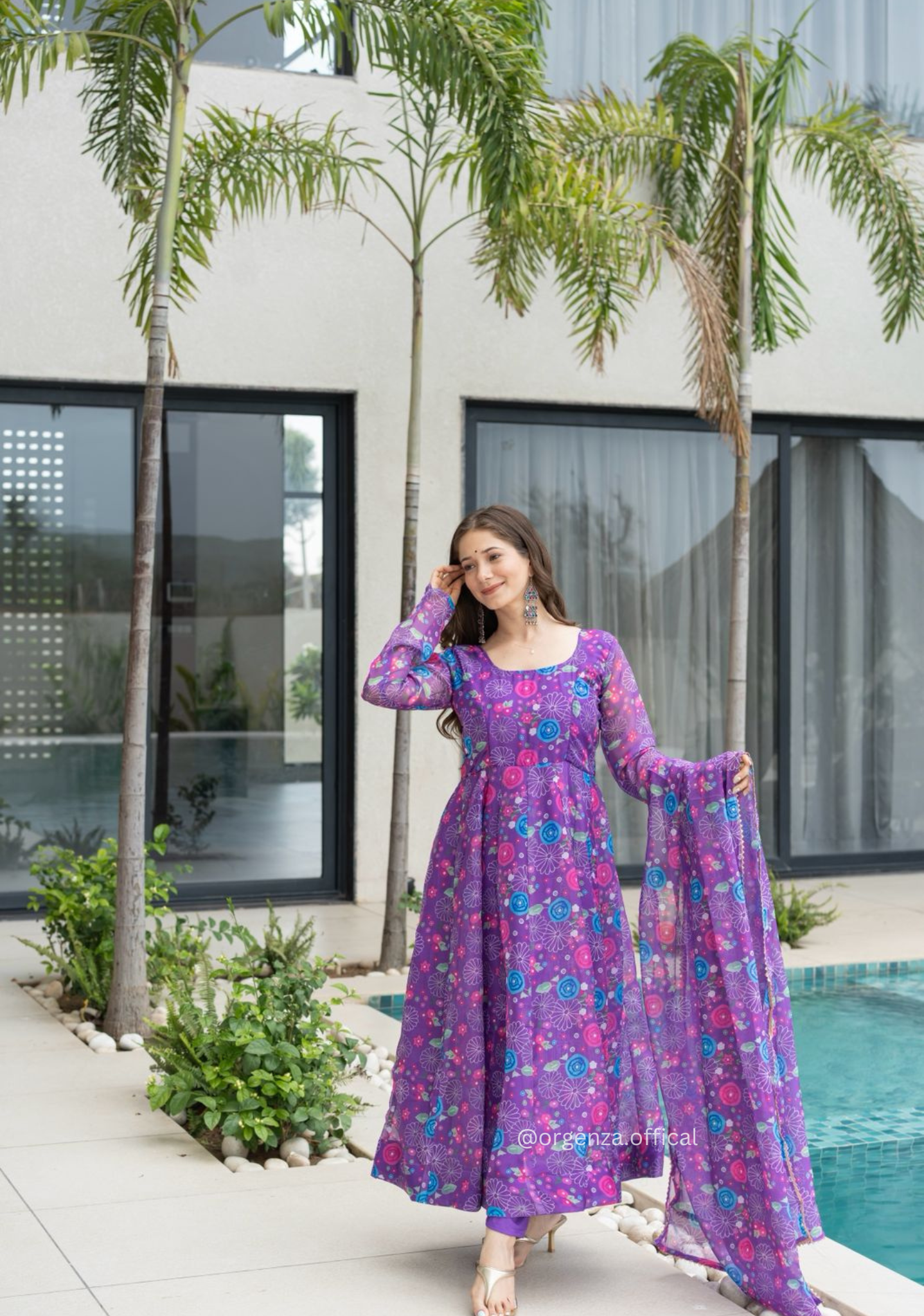 Purple Colour Pure Organza Silk Floral Anarkali Kurtis