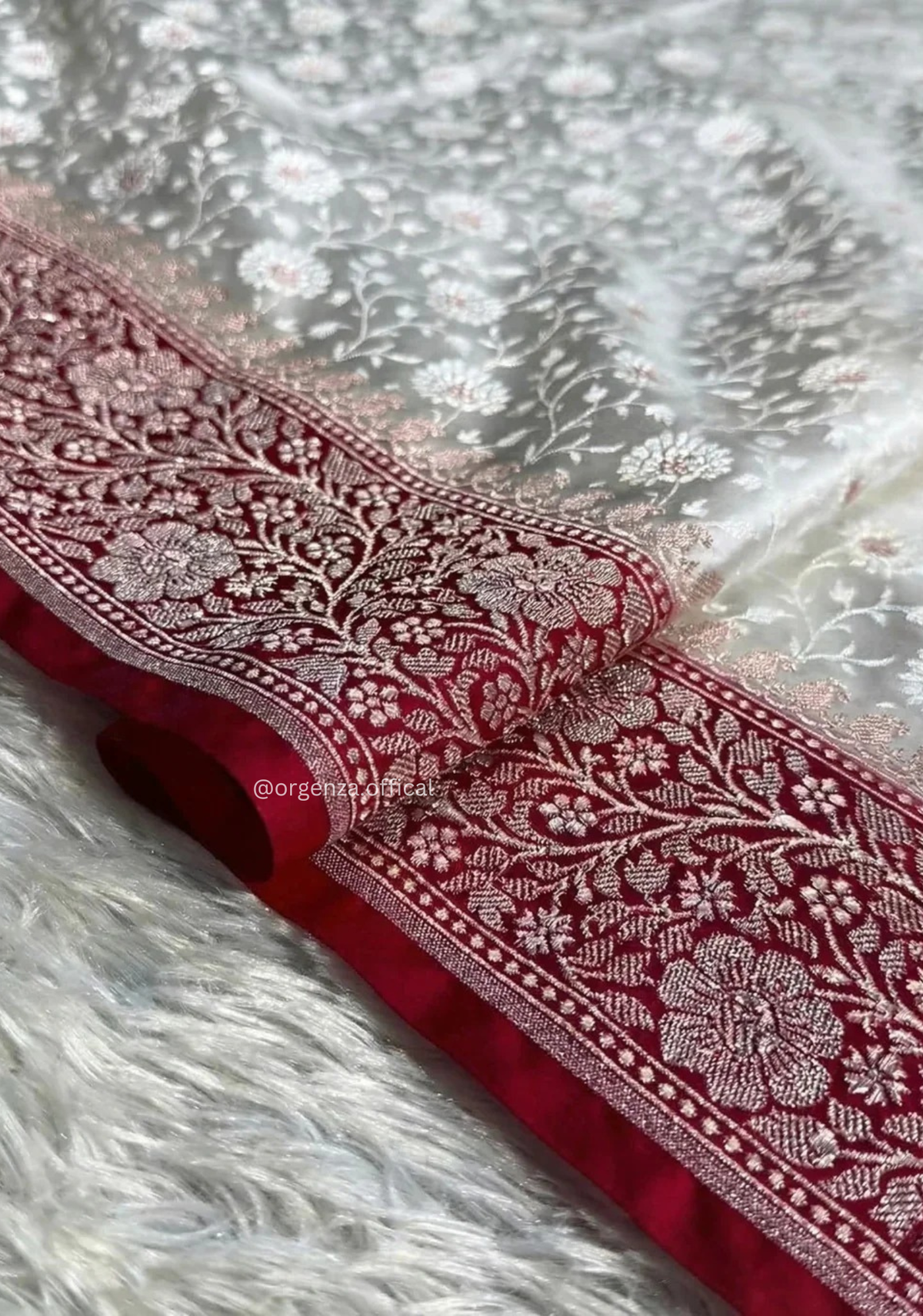 Ivory Banarasi Silk Saree with Red Zari Blouse