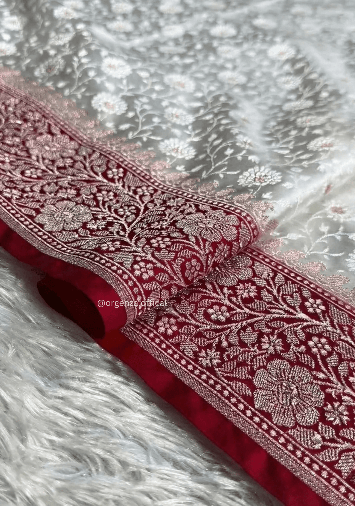 Ivory Banarasi Silk Saree with Red Zari Blouse
