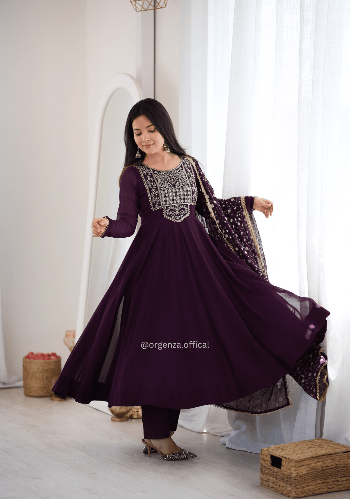 Wine Fox Georgette Anarkali Suit Set with Embroidery