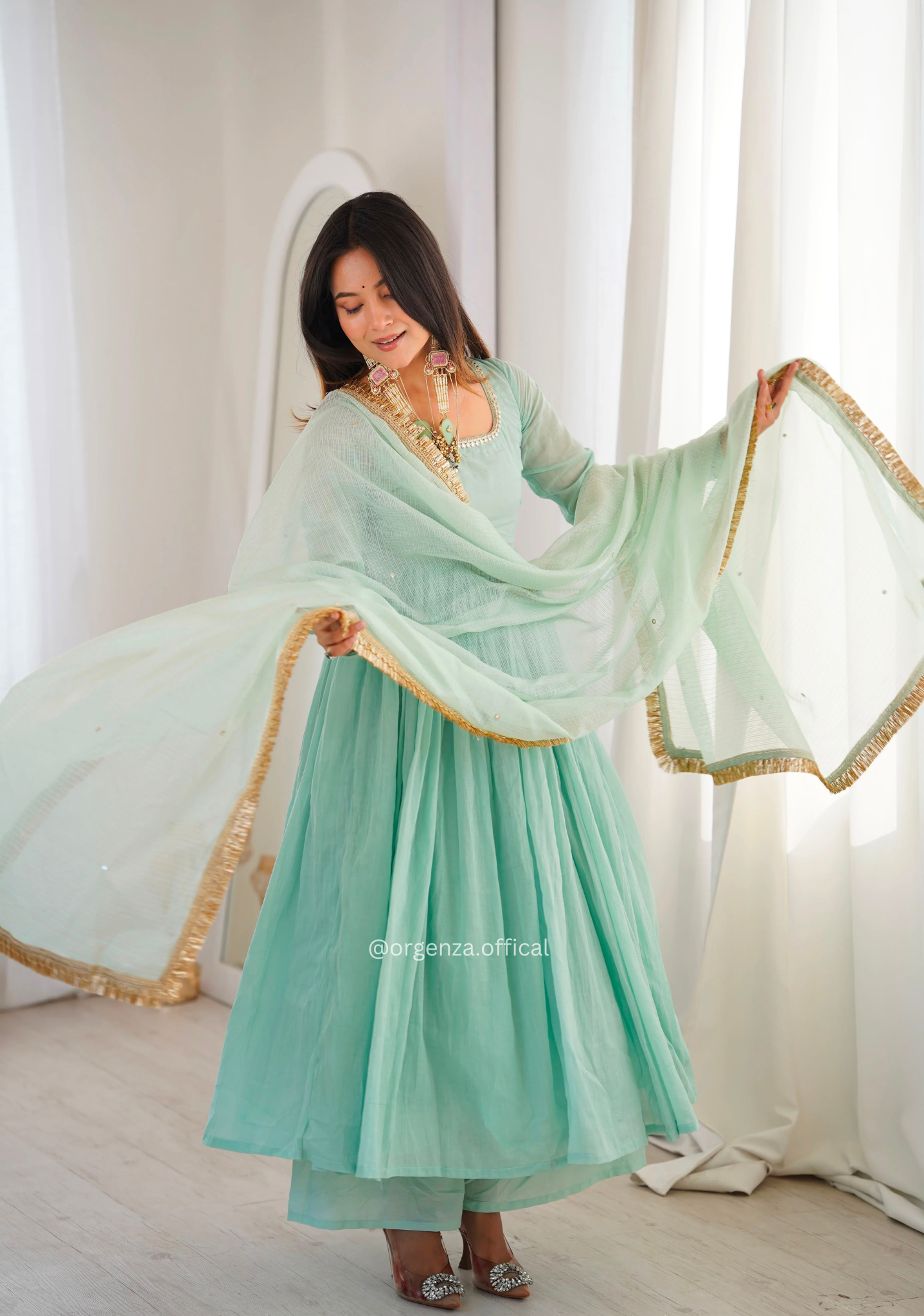 Sea Green Designer Faux Georgette Anarkali Suit Set