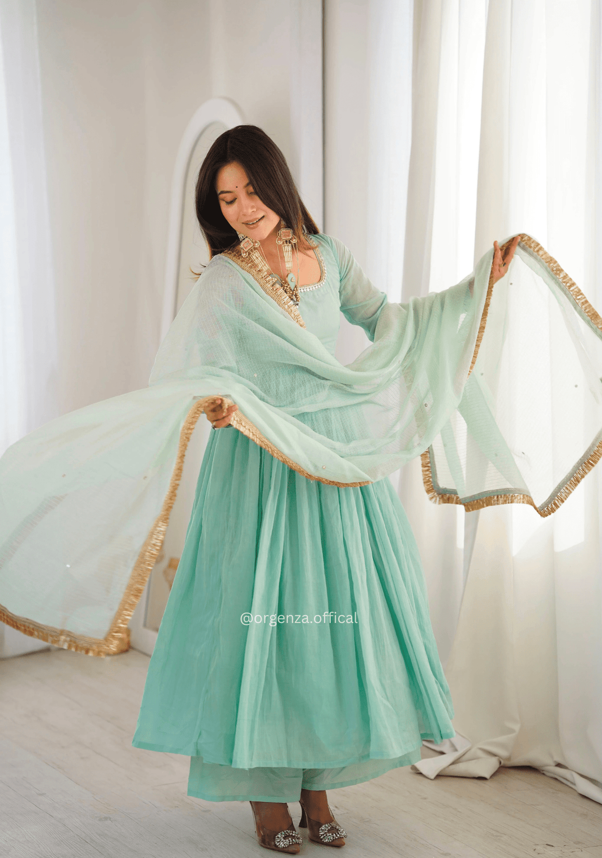 Sea Green Designer Faux Georgette Anarkali Suit Set