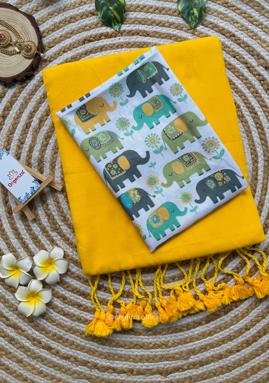 Yellow Colour Cotton Saree With Baby Elephant Print Blouse