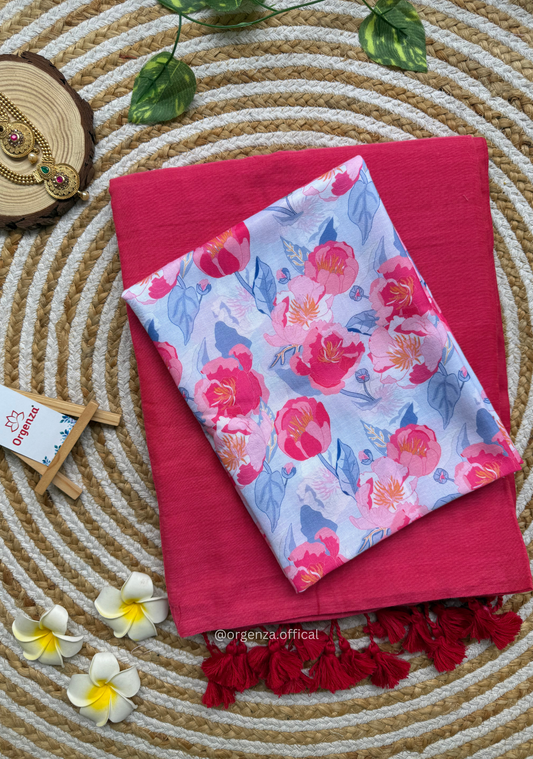 Pink Colour Cotton Saree With Baby Pink Flower Print Blouse