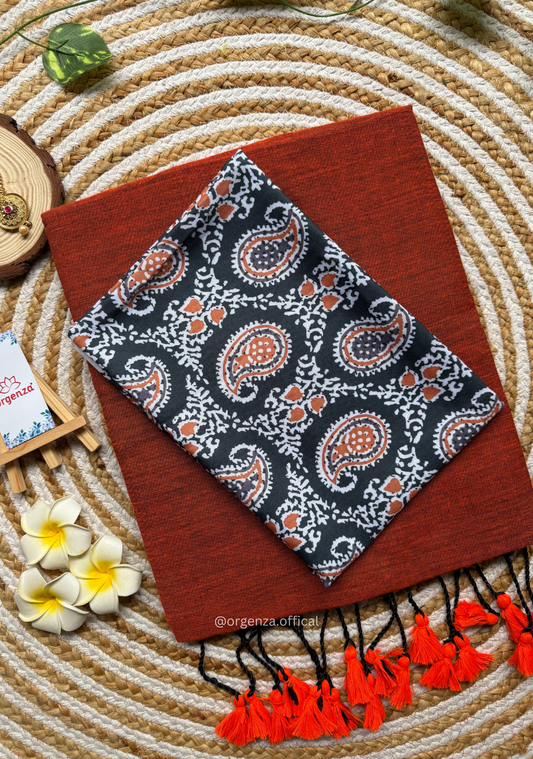 Orange Colour Cotton Saree With Mango Print Blouse