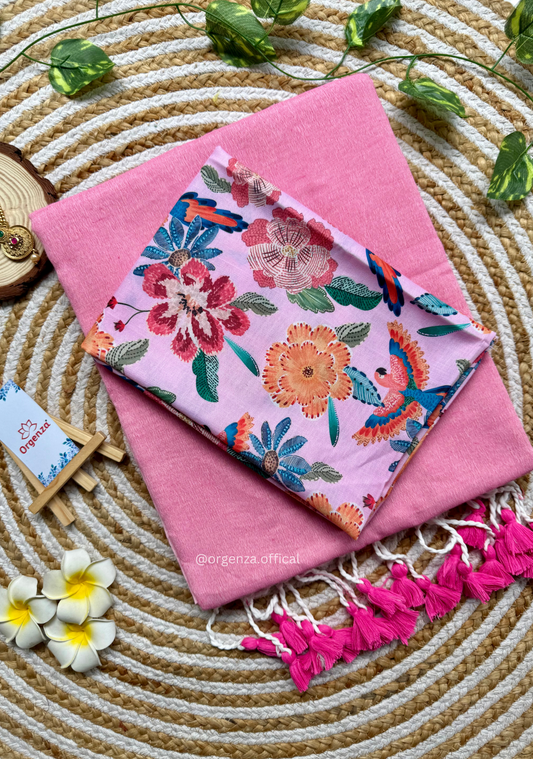 Baby Pink Colour Cotton Saree With Flower Print Blouse