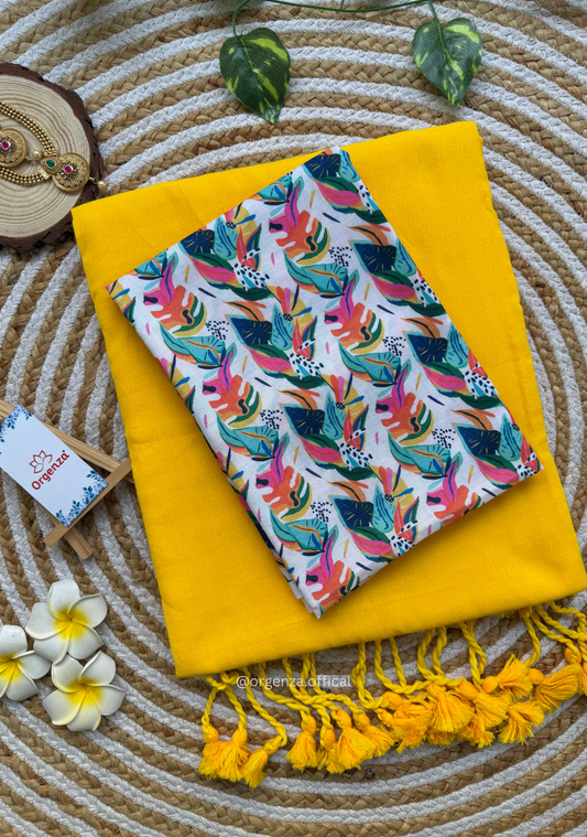 Yellow Colour Cotton Saree With Multi Print Blouse