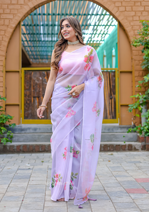Purple Colour Flower Digital Print Saree - Orgenza Store - digisoch