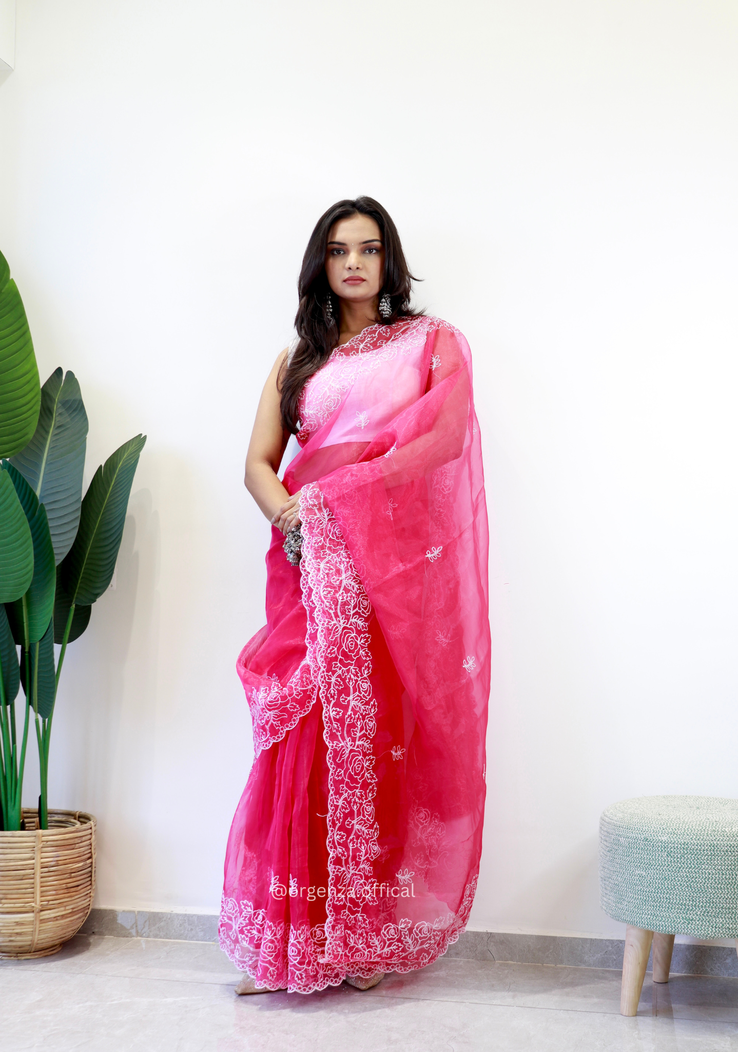 Pink Colour Embroidery Thread Work Saree