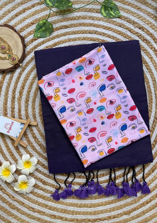 Purple Colour Cotton Saree With Face Print Blouse