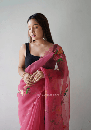 Peach Hand Print Organza Saree - Orgenza Store - digisoch