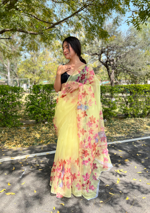 Yellow Digital Print Saree With Handwork - Orgenza Store - digisoch