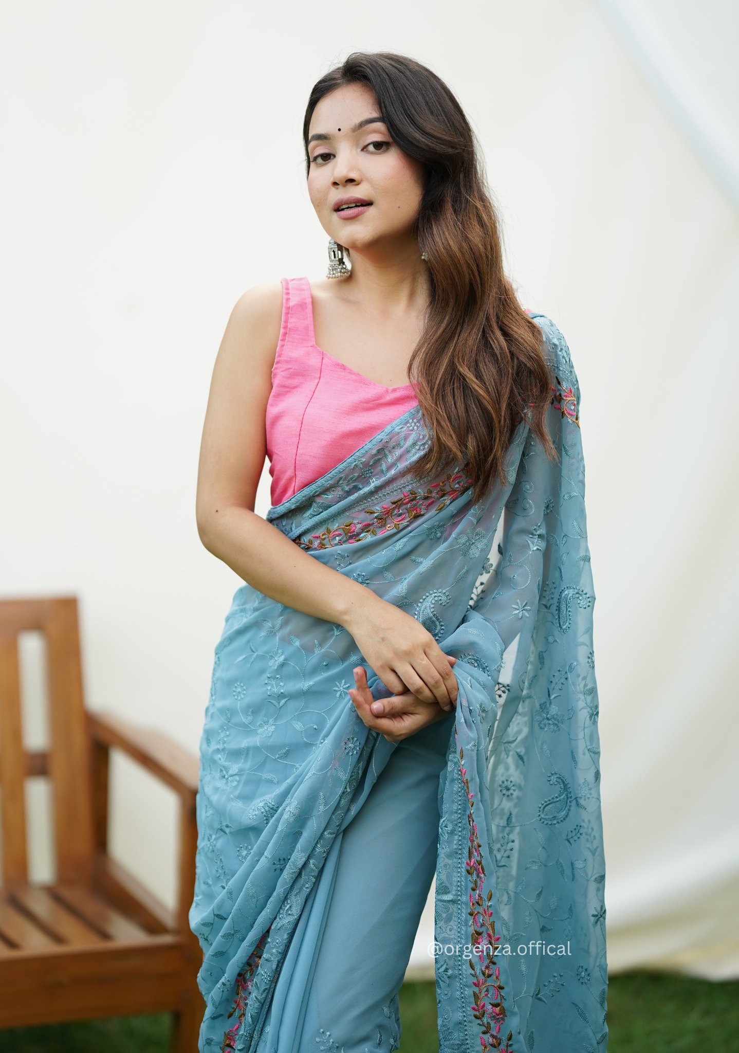 Sky Color Embroidery Work Heavy Georgette Silk Saree With Running Blouse - Orgenza Store