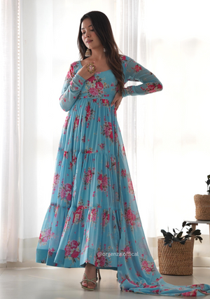 Pure Georgette Silk Floral Print Kurtis With Dupatta Set - Orgenza Store