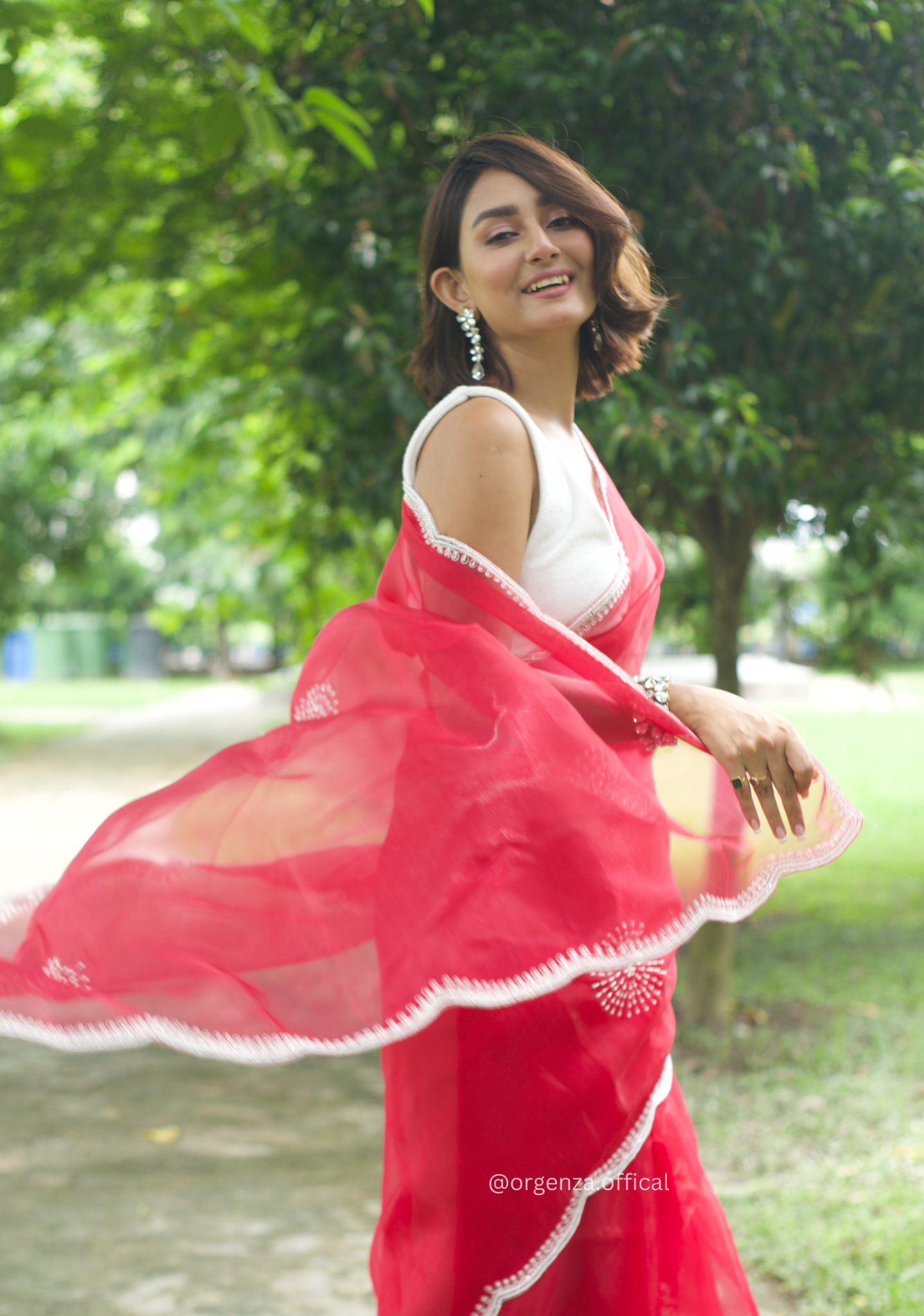 Red Colour Organza Saree With Hand Work - Orgenza Store