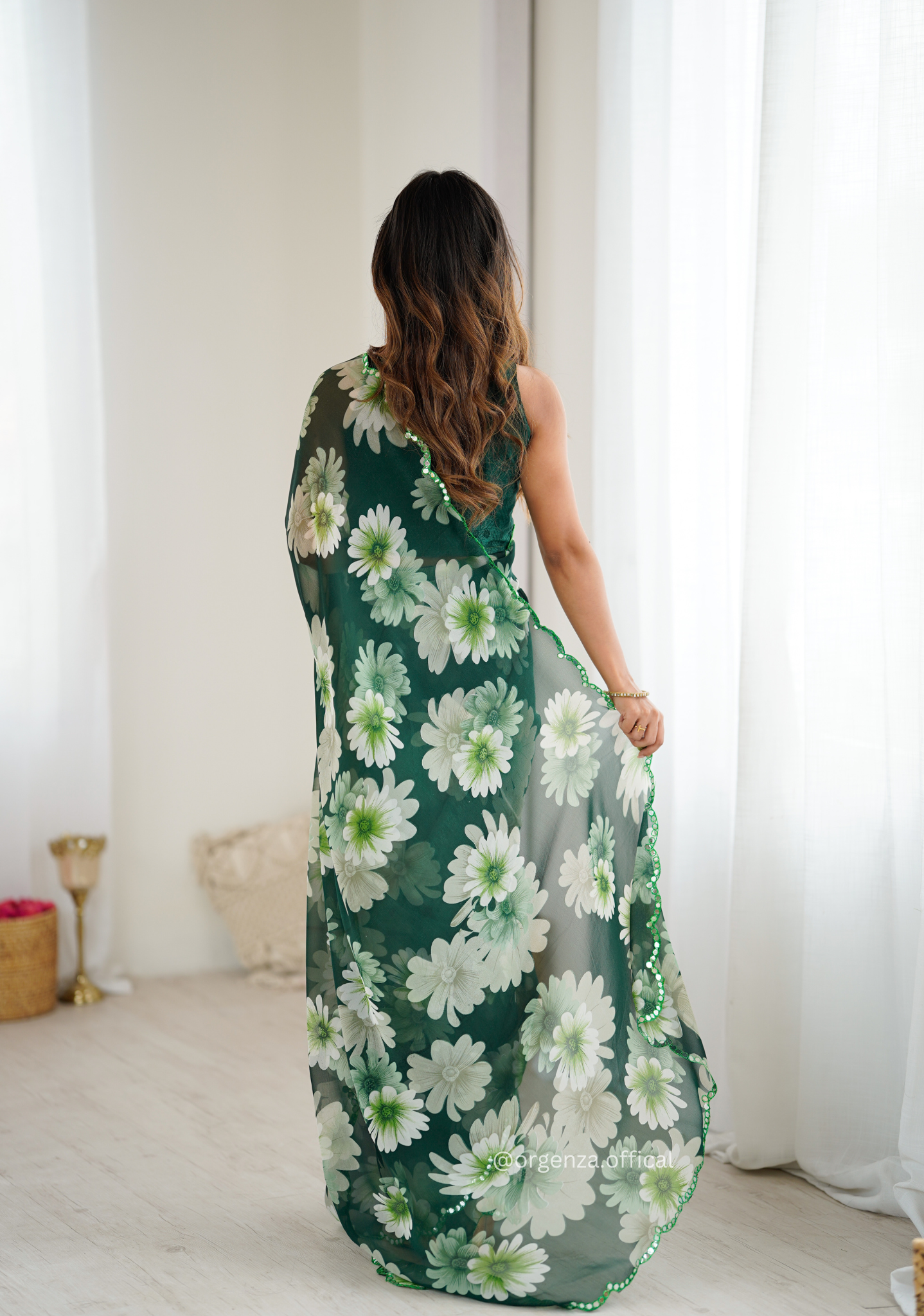 Green Colour Georgette Printed Mirror Saree