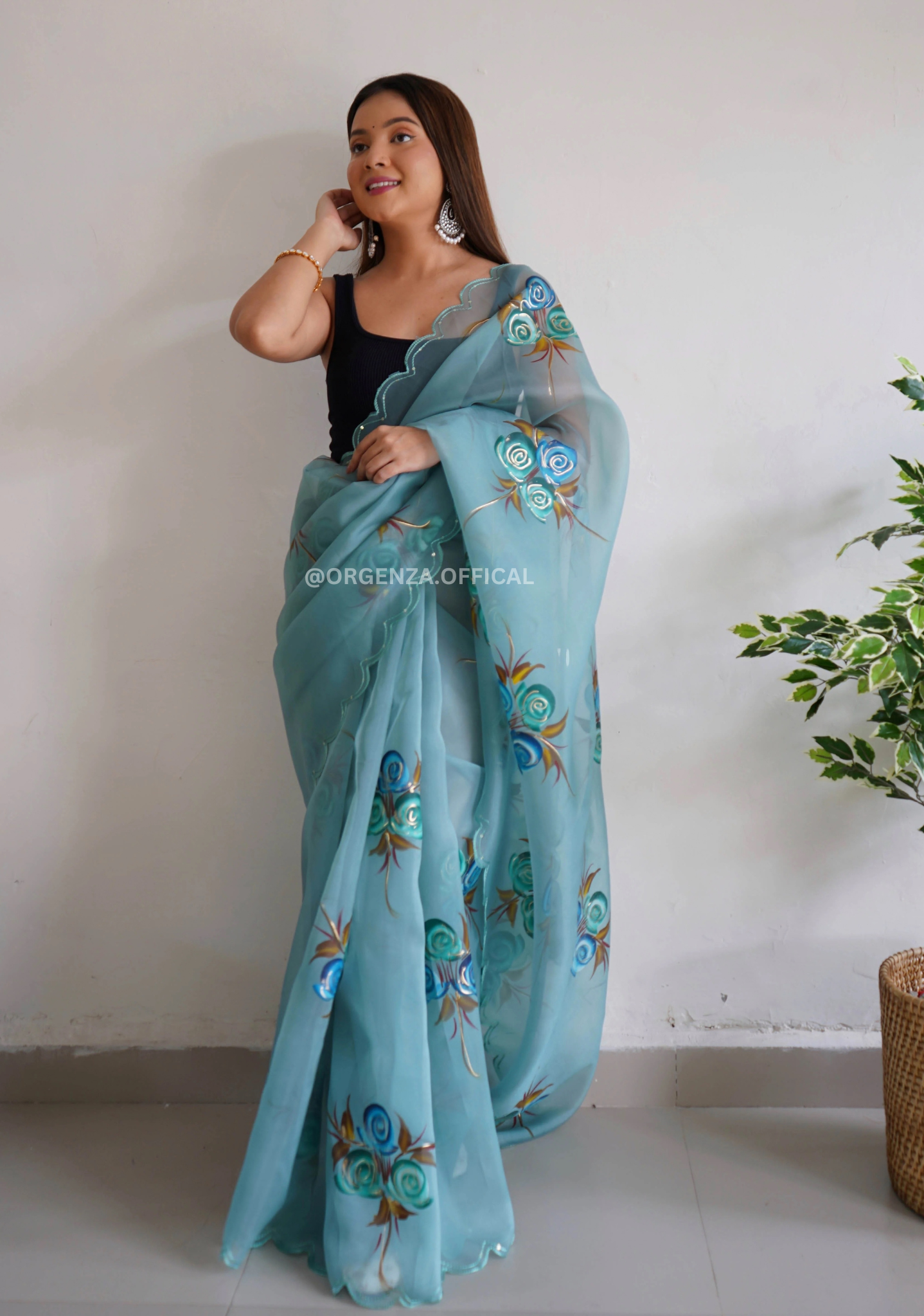 Rama Hand Print Organza Saree