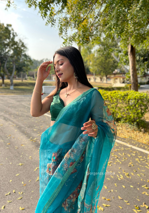 Sea Blue Colour Organza Saree With Handwork - Orgenza Store - digisoch