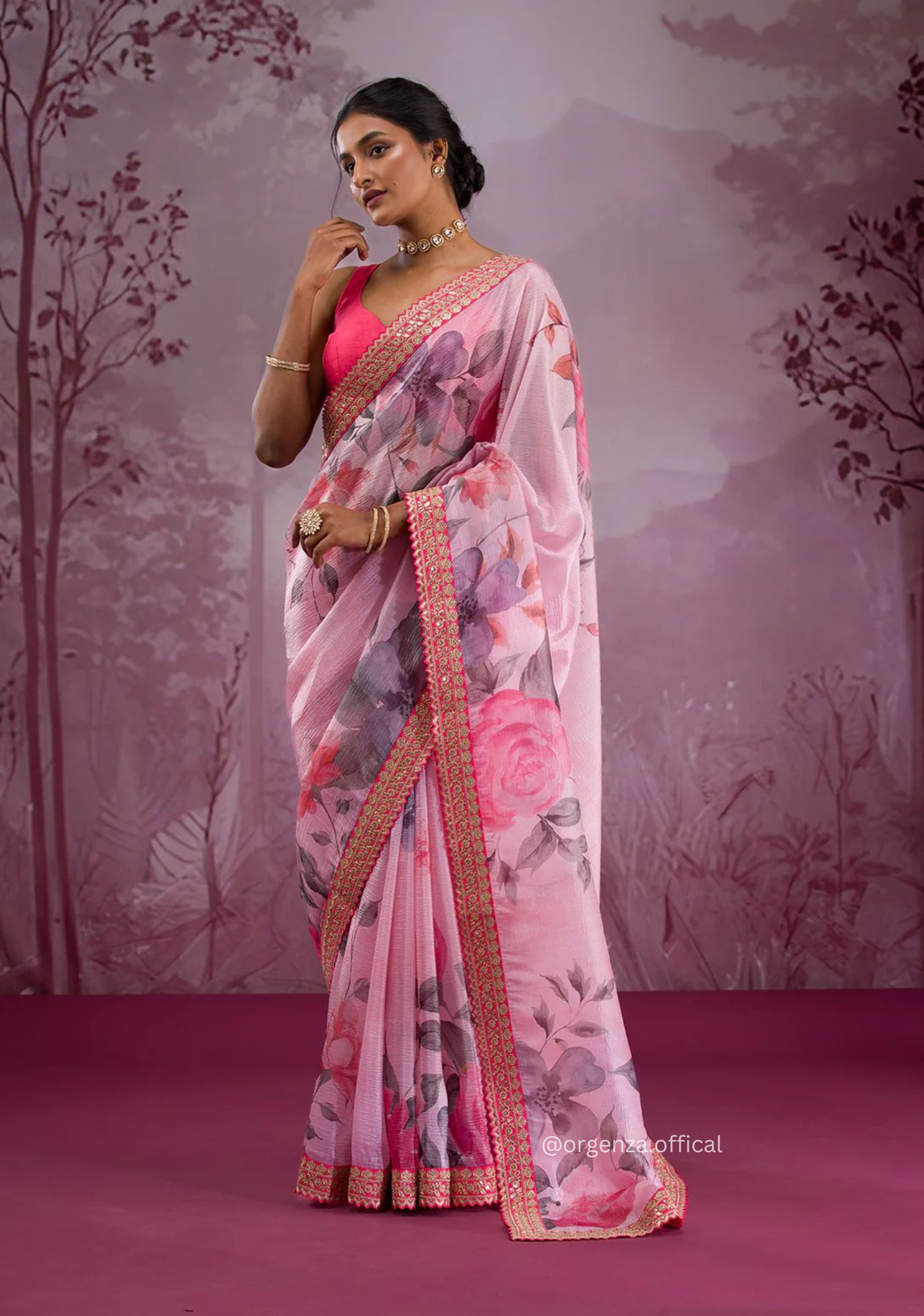 Pink Colour Chinnon Silk Saree