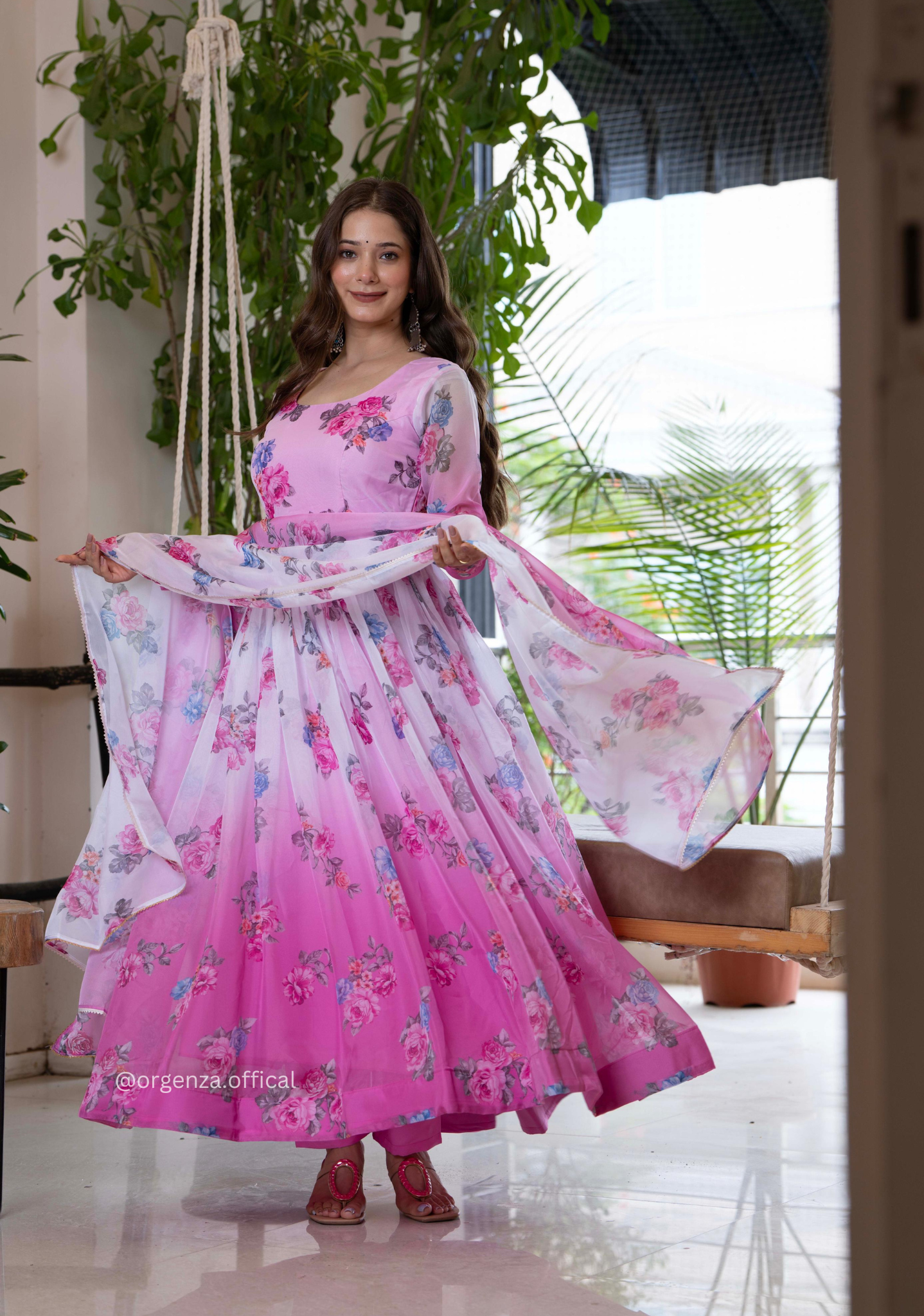 Multi Colour Floral Organza With Dupatta Set