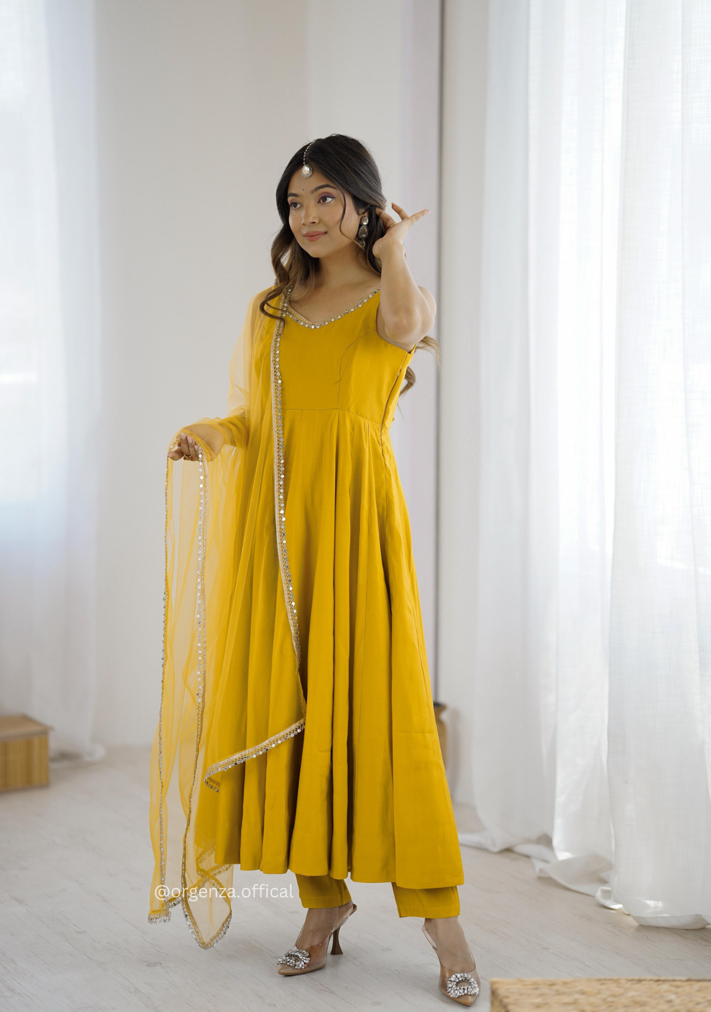 Yellow Colour Roman Silk Chanderi Plain Anarkali Kurti