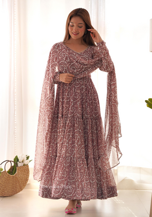 Pure Soft Fox Georgette Kalamkari Print Ruffle Anarkali - Orgenza Store