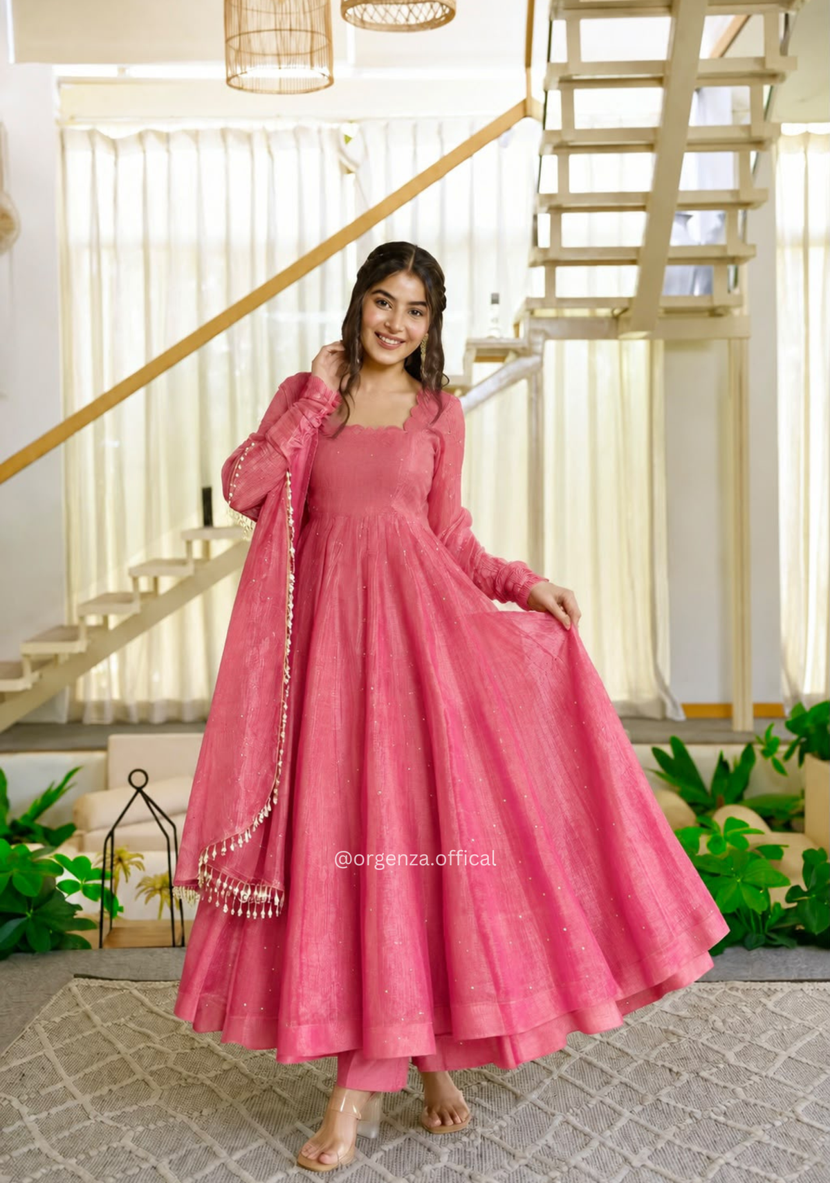 Onion Pink Salsa Silk Foil Work Gown Pant Dupatta Set