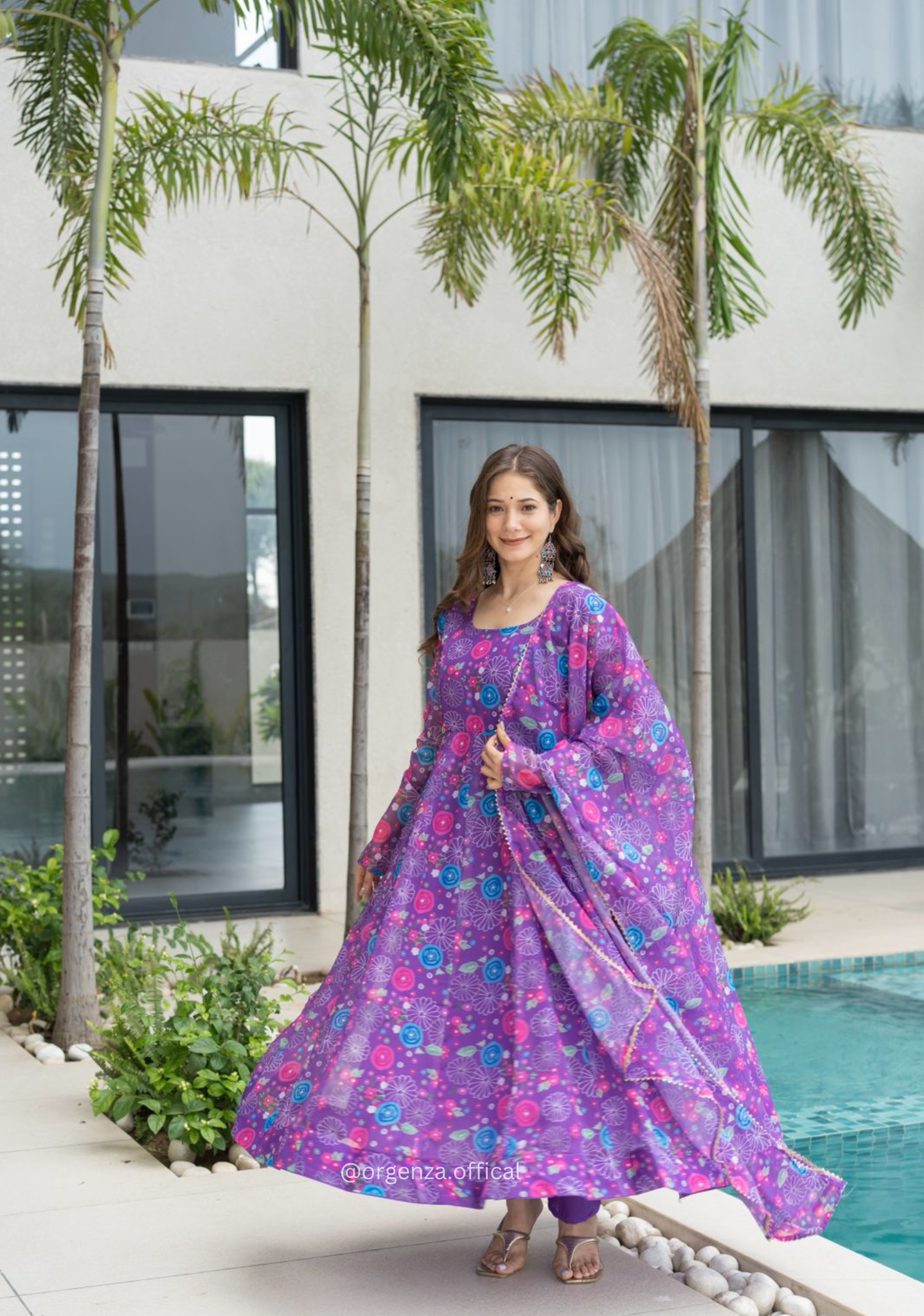 Purple Colour Pure Organza Silk Floral Anarkali Kurtis