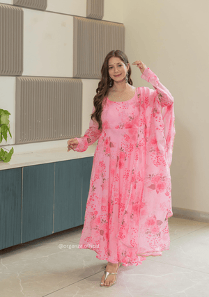 Baby Pink Colour Pure Organza Silk Floral Anarkali Kurtis - Orgenza Store - digisoch