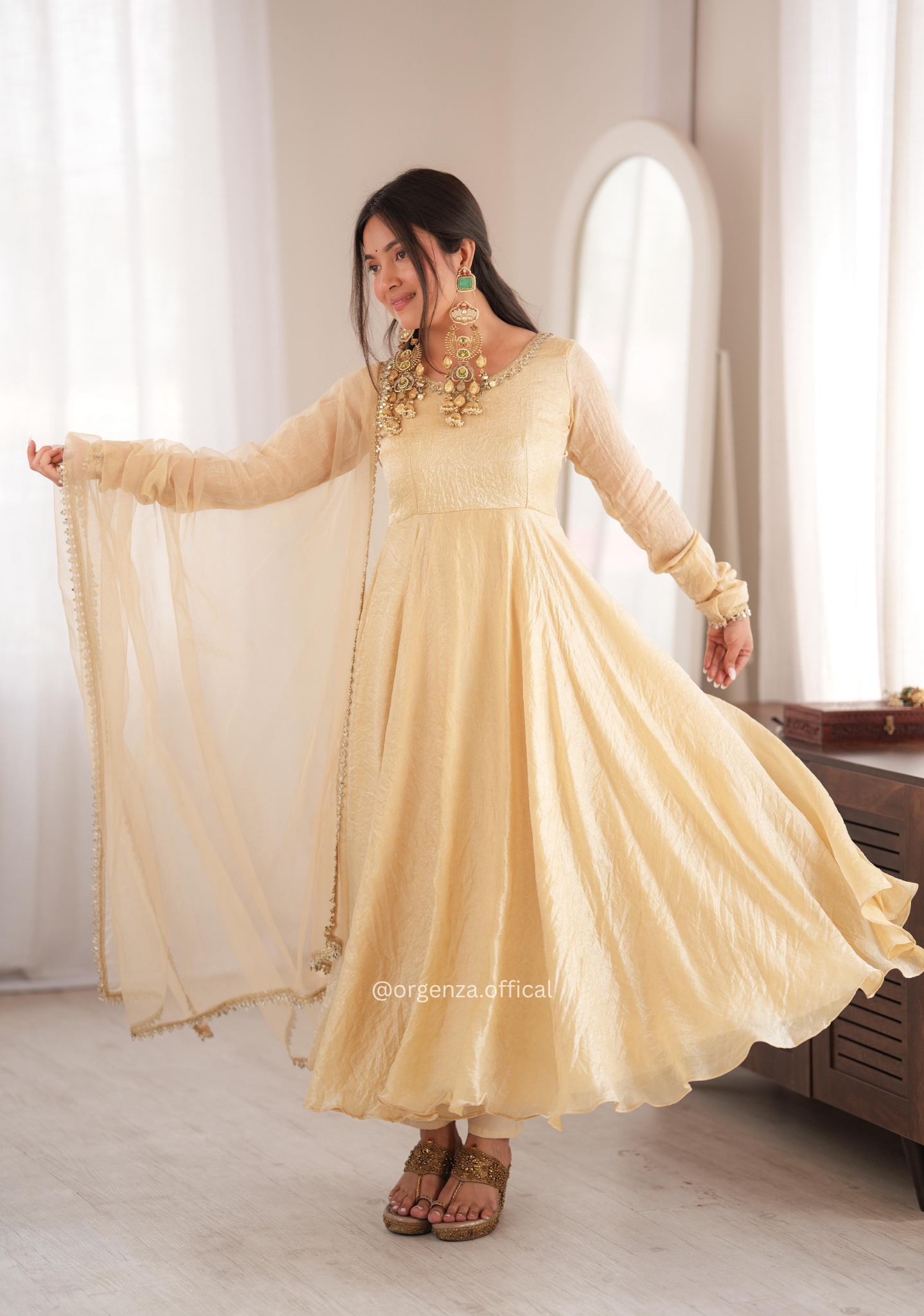 Light Gold Crush Mirror Work Gown Set with Butterfly Net Dupatta