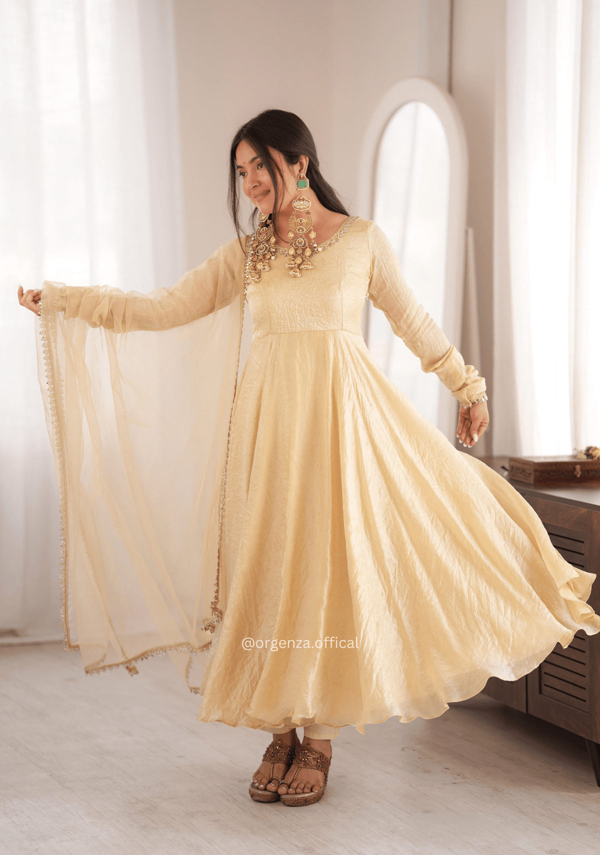 Light Gold Crush Mirror Work Gown Set with Butterfly Net Dupatta