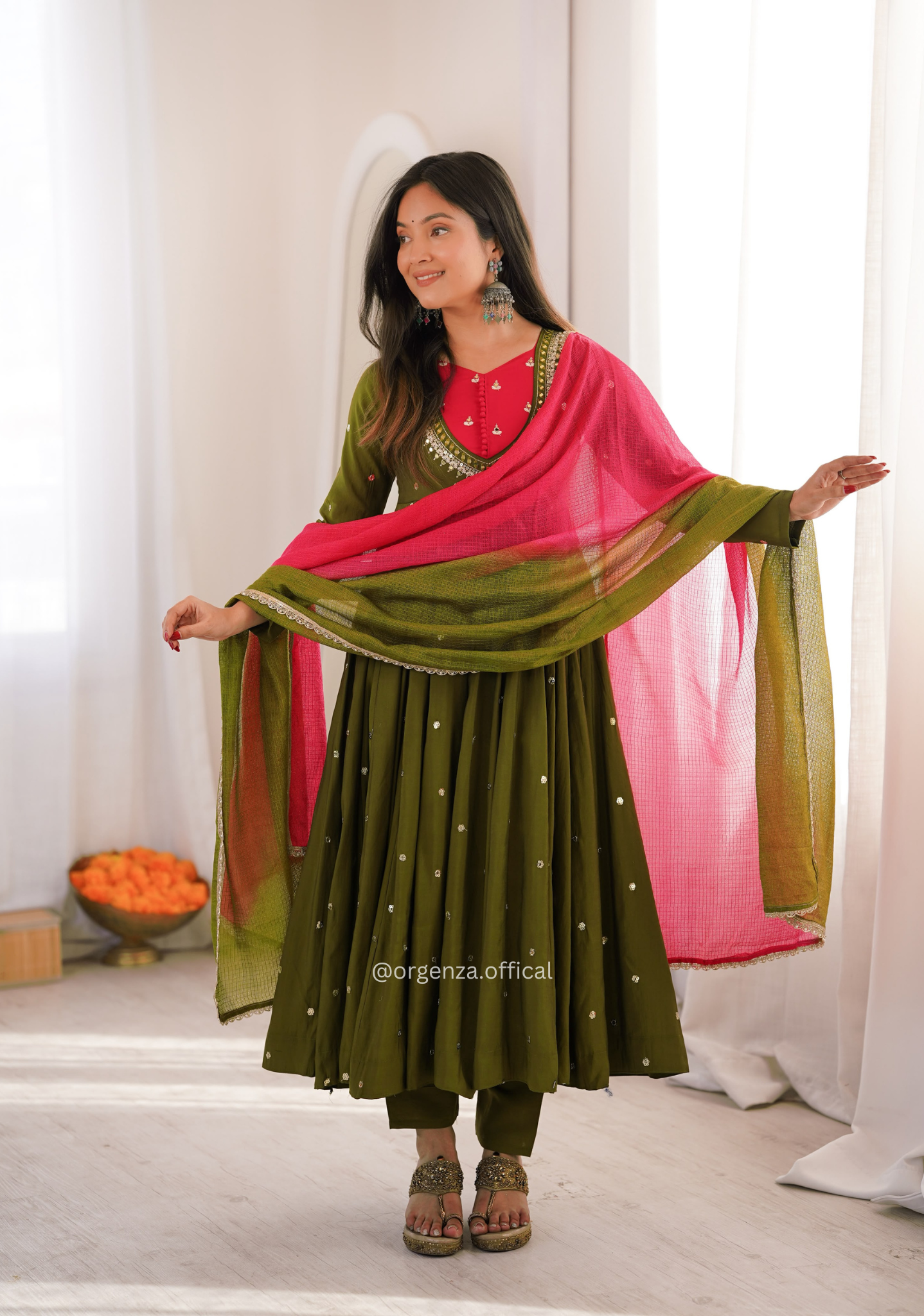 Olive Green Roman Silk Mirror Work Anarkali Suit Set