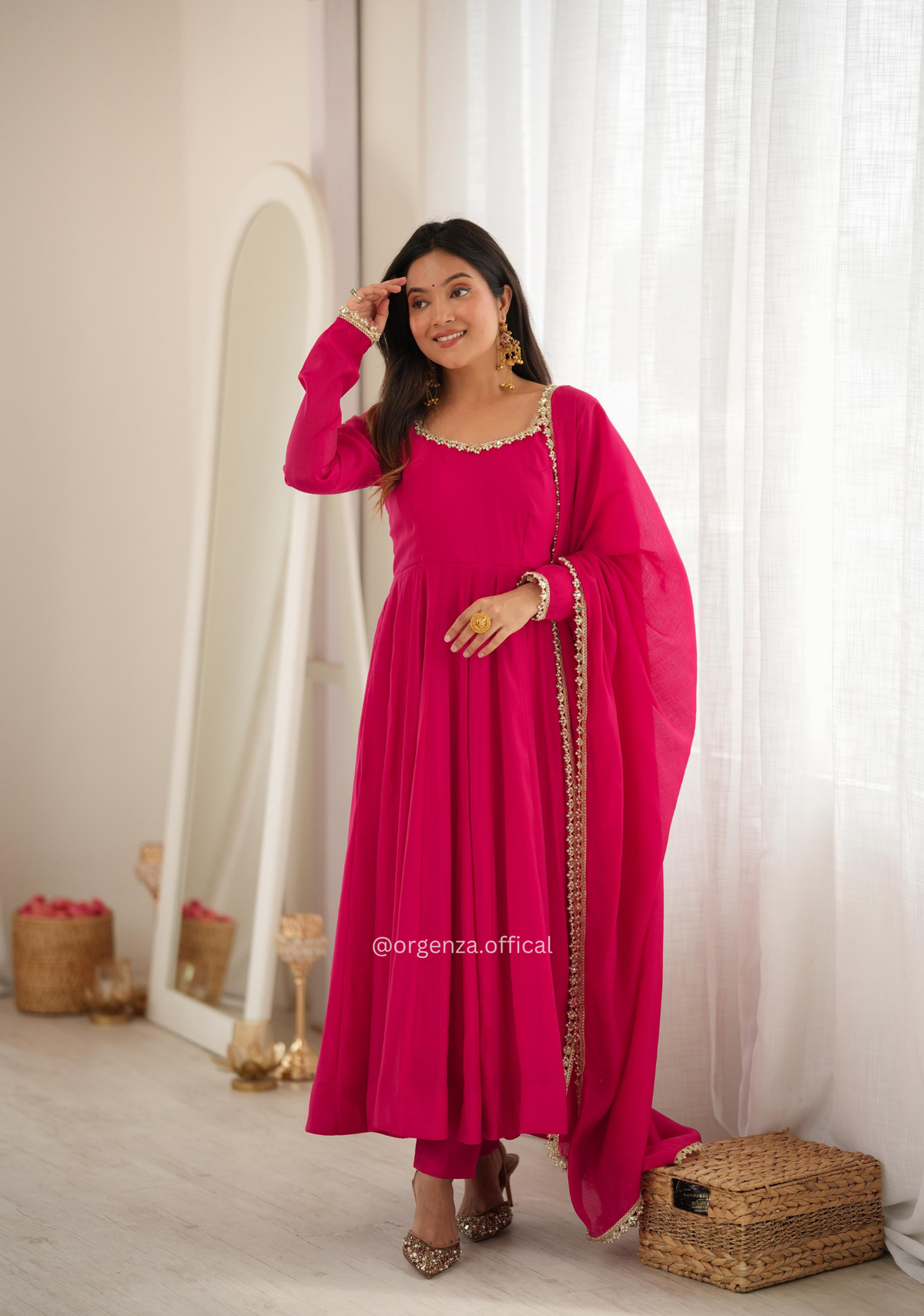 Rani Pink Pure Mal Chanderi Mirror Work Anarkali Set