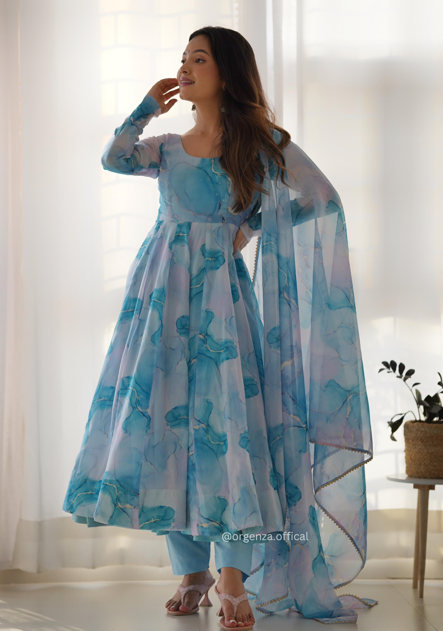 Sky Blue Colour Organza Silk Marble Print Anarkali Kurtis - Orgenza Store