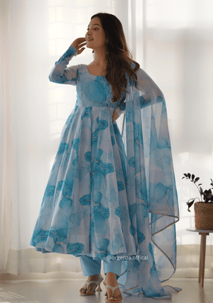 Sky Blue Colour Organza Silk Marble Print Anarkali Kurtis - Orgenza Store