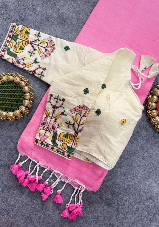 Baby Pink Handloom Cotton Saree With Tassels