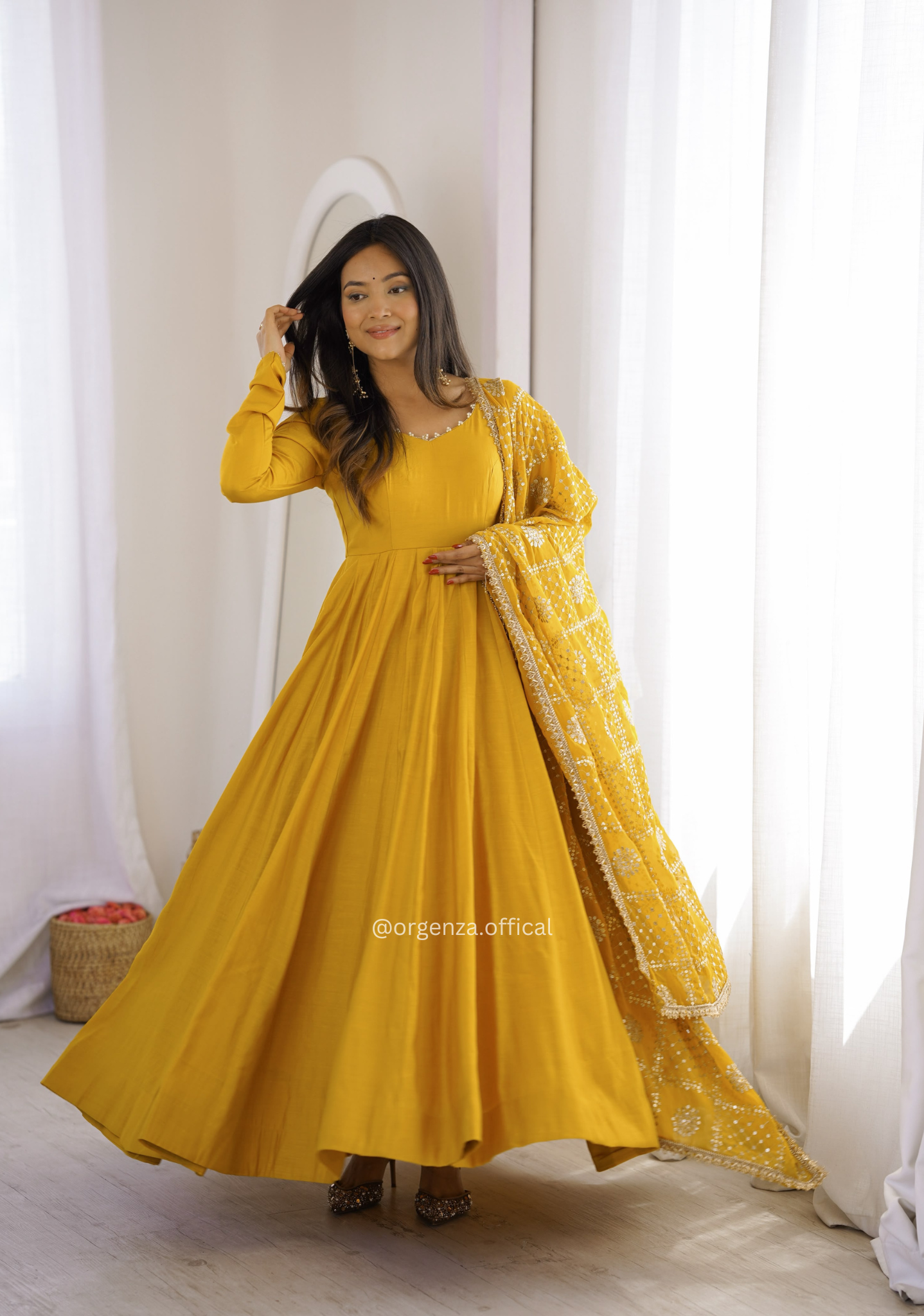 Yellow Roman Silk Chanderi Anarkali Suit Set