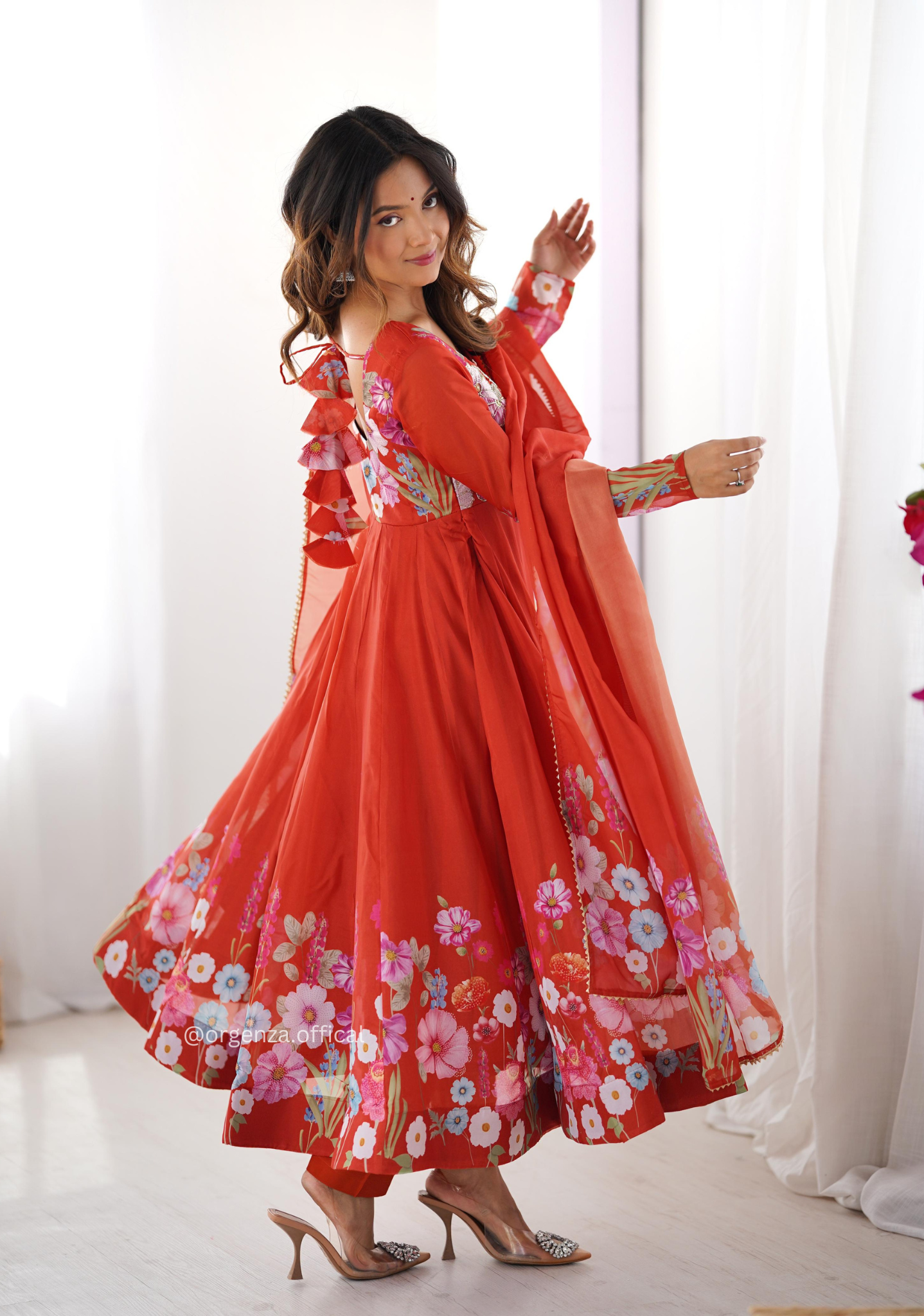 Floral Organza Anarkali With Dupatta And Pant