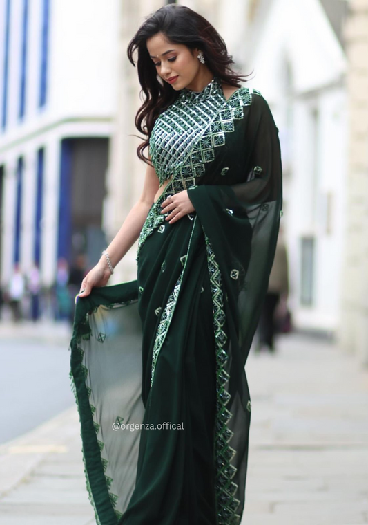 Bottle Green Rangoli Silk Saree With Sequence Embroidery Work