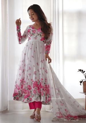 White Floral Organza Anarkali With Dupatta Set - Orgenza Store - digisoch