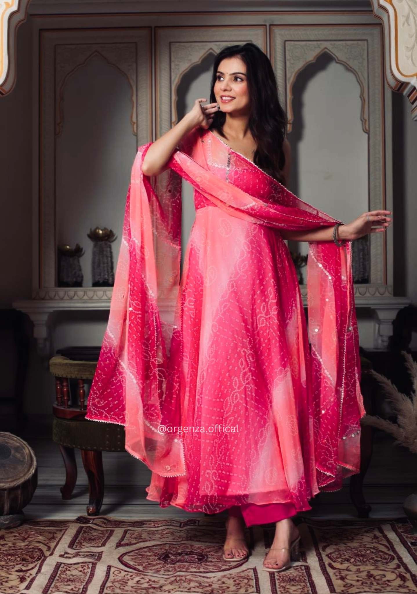 Designer Fox Georgette Chiffon Digital Print Gown Set with Mirror Work Dupatta