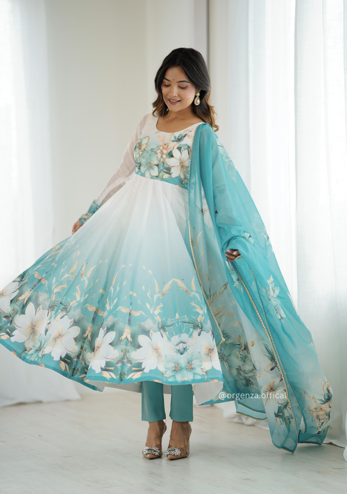 Aqua Blue Colour Organza Anarkali Kurti Set