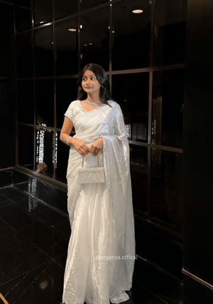 White Colour Burburry Saree With Crystel Diamond Work - Orgenza Store - digisoch