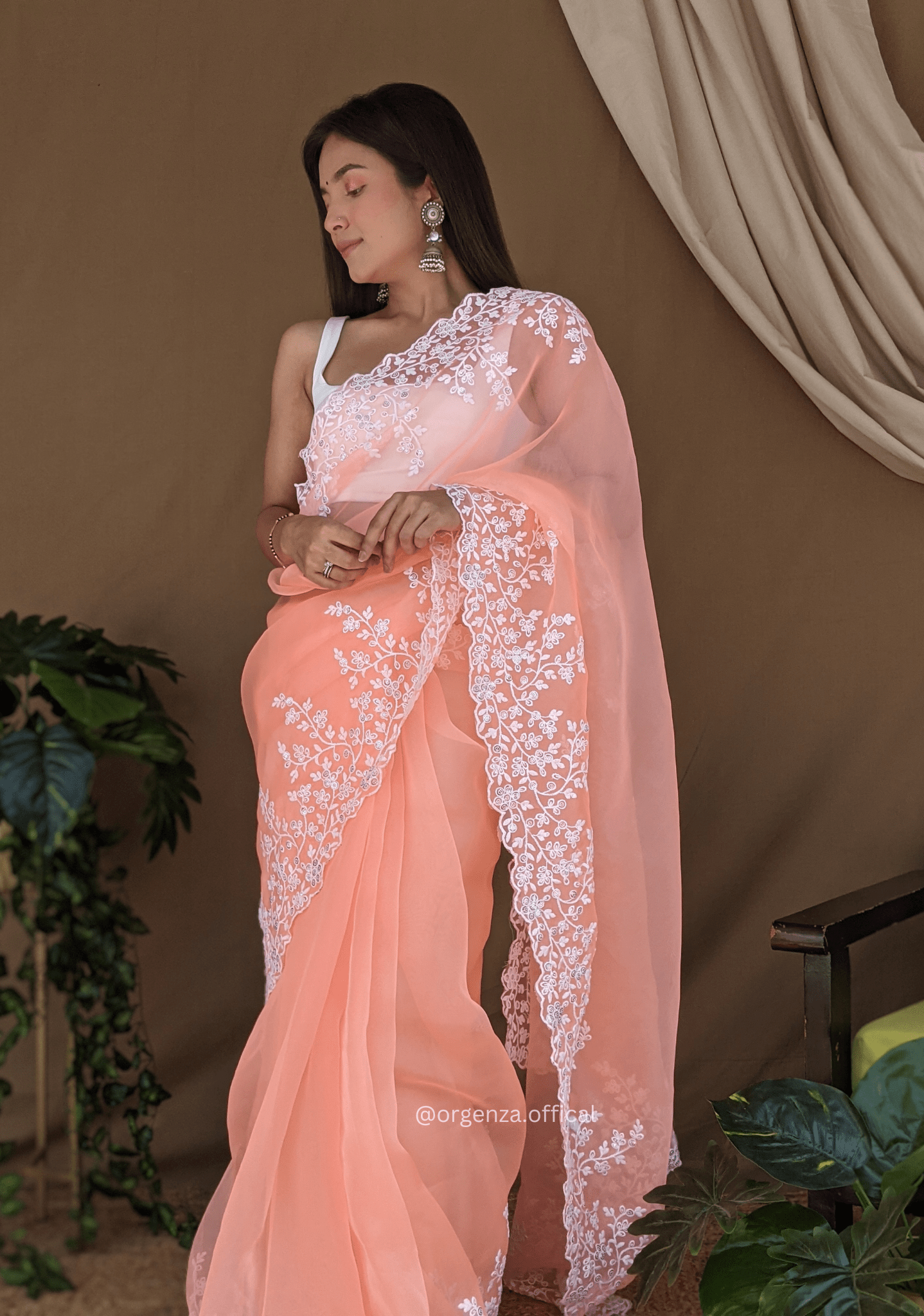 Organza Light Peach Color Pure Organza Silk And Flower Embroidery Work - Orgenza Store