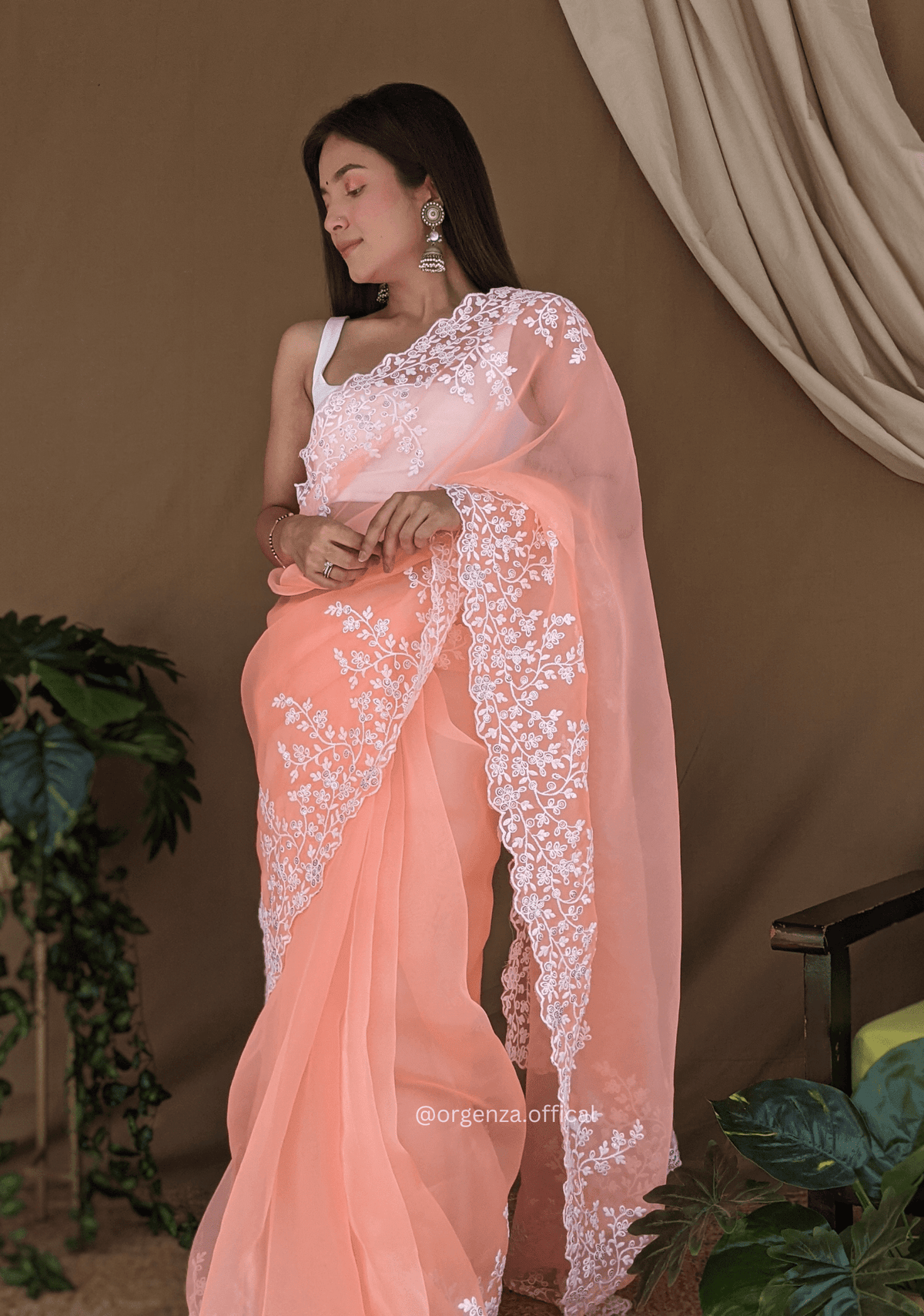 Organza Light Peach Color Pure Organza Silk And Flower Embroidery Work - Orgenza Store - digisoch
