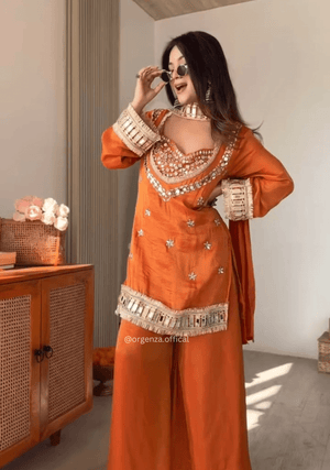 Fendy Silk Mirror Work Sharara Suit Set – Ready to Wear Women’s Ethnic Outfit (4 PCS) - Orgenza Store - digisoch